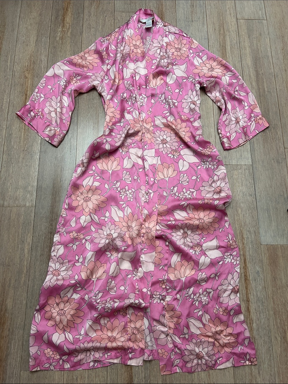VTG august silk Pink Floral Long Sleeve Maxi robe size M